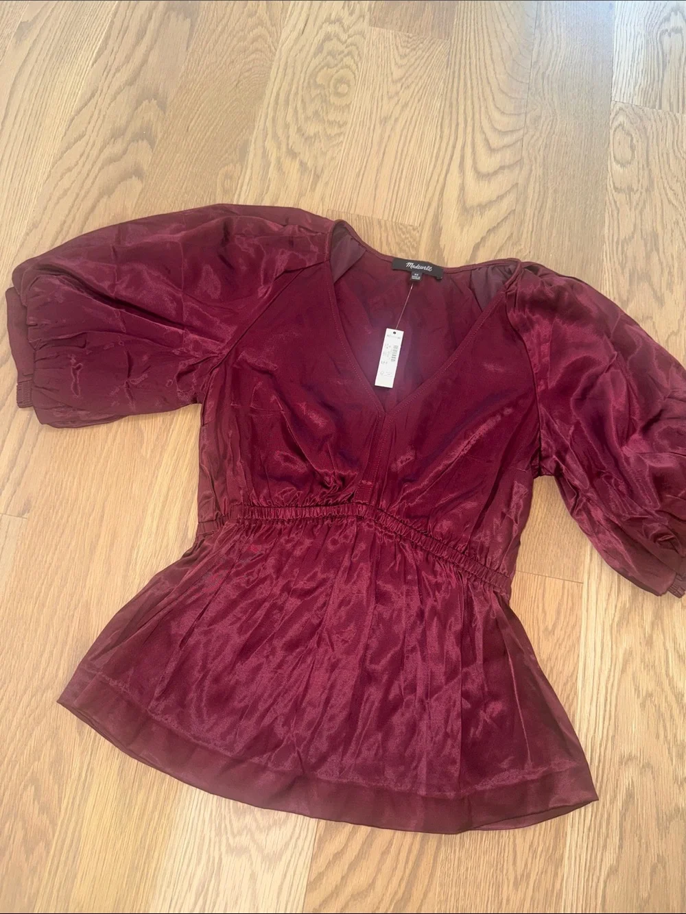 Madewell Shirred Puff Sleeve Satin Top NWT
